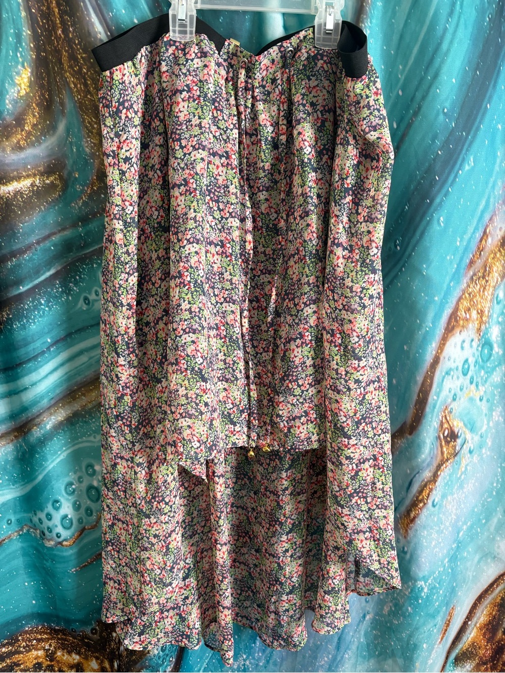 Vera Wang Floral High-Low Skirt in Navy with Pink & Green Flowers